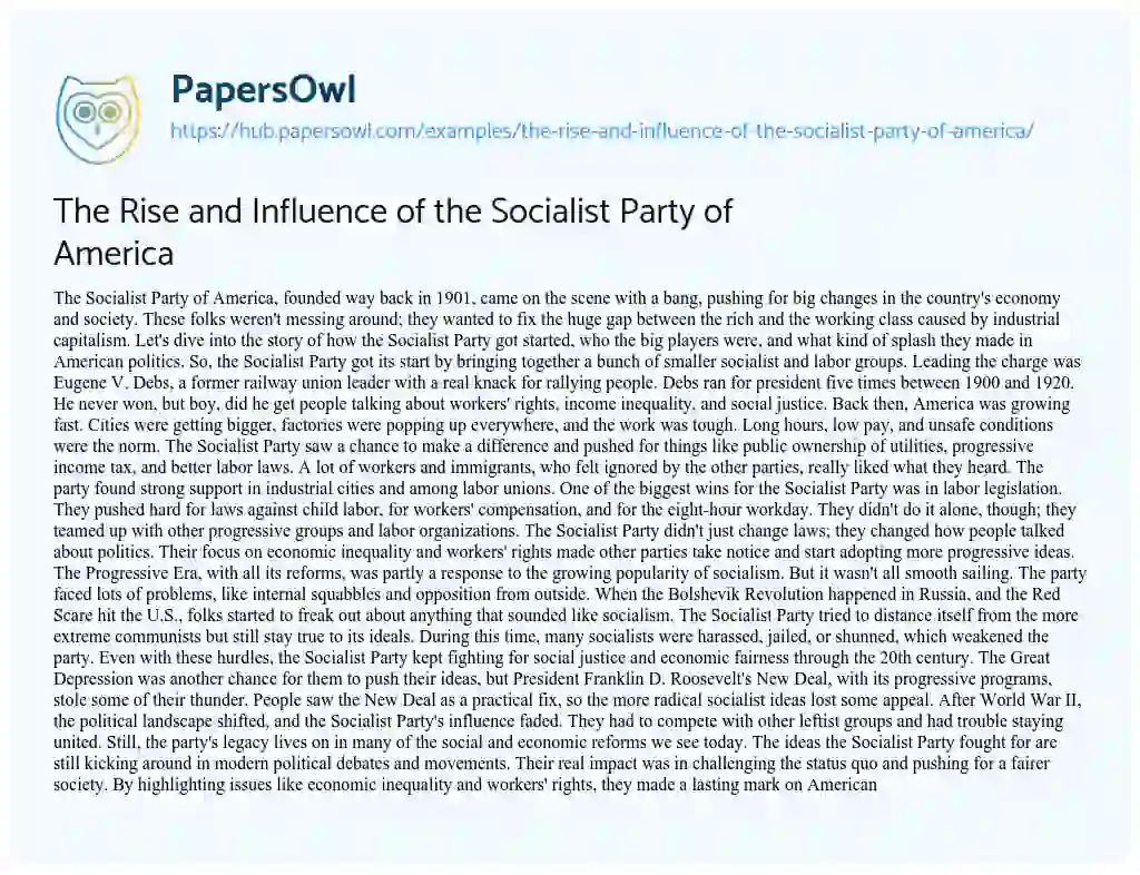 Essay on The Rise and Influence of the Socialist Party of America