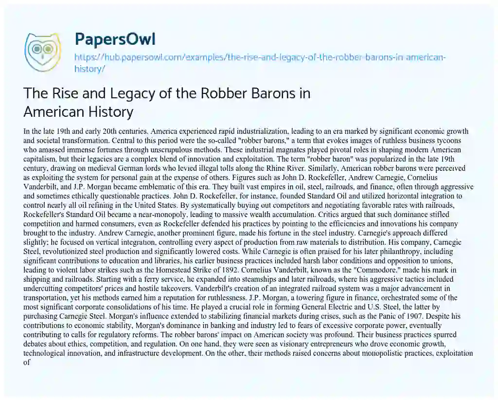 Essay on The Rise and Legacy of the Robber Barons in American History