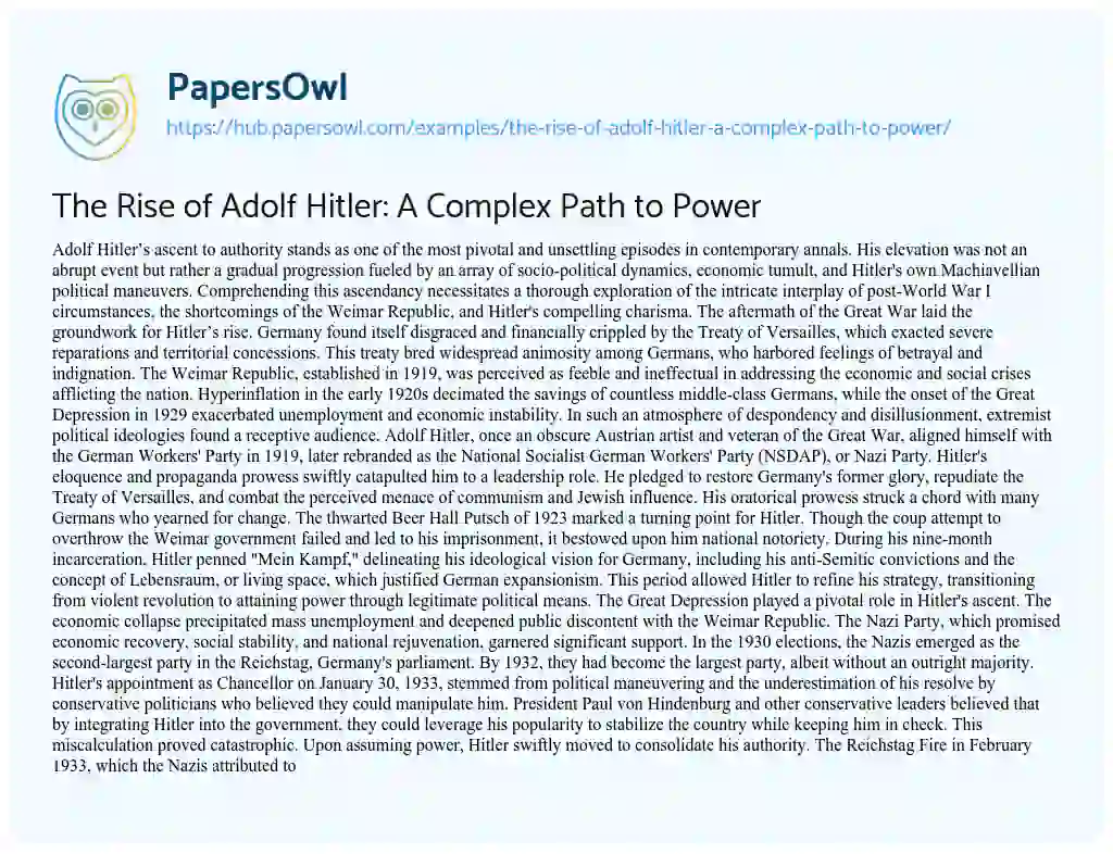 Essay on The Rise of Adolf Hitler: A Complex Path to Power