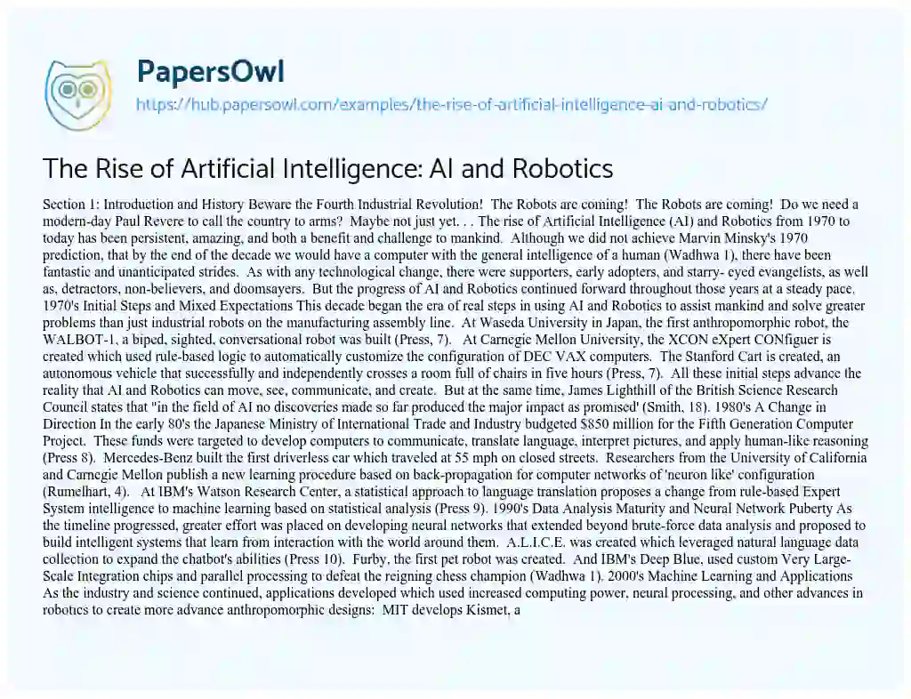 Essay on The Rise of Artificial Intelligence: AI and Robotics