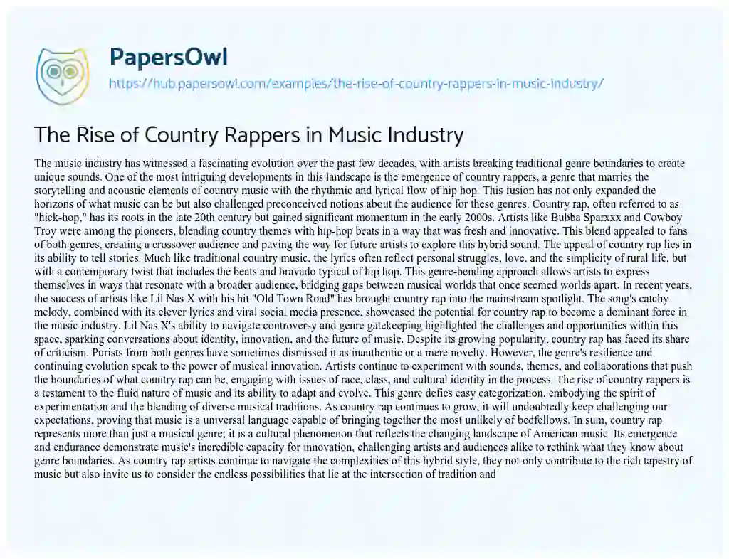 Essay on The Rise of Country Rappers in Music Industry