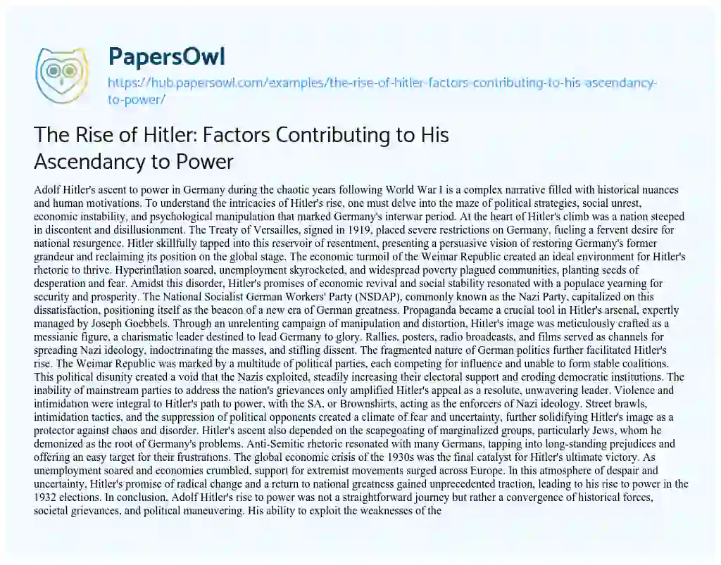 Essay on The Rise of Hitler: Factors Contributing to His Ascendancy to Power