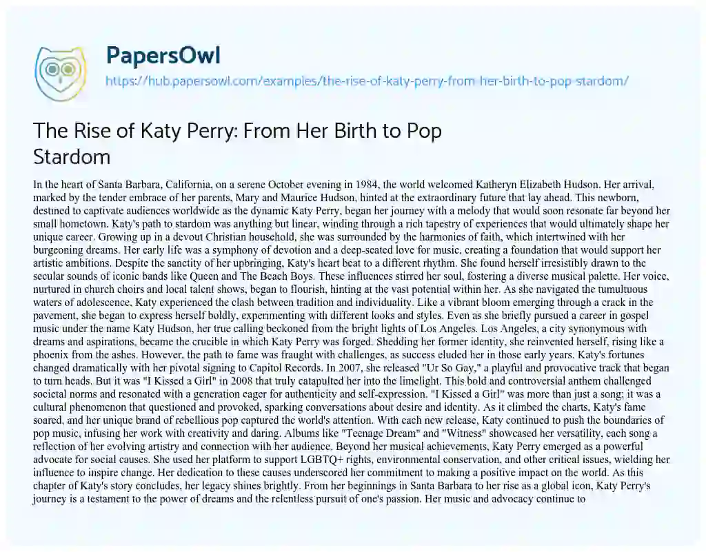 Essay on The Rise of Katy Perry: From Her Birth to Pop Stardom