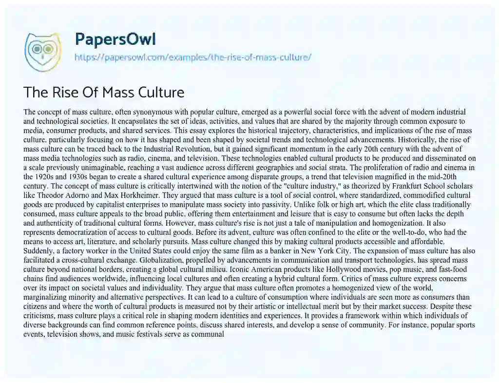 Essay on The Rise Of Mass Culture
