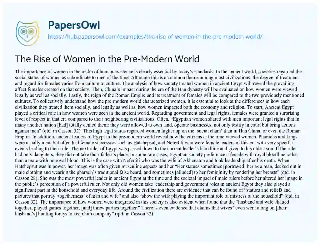 Essay on The Rise of Women in the Pre-Modern World