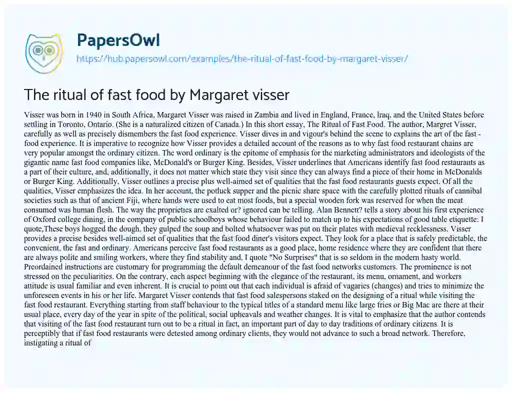 Essay on The ritual of fast food by Margaret visser
