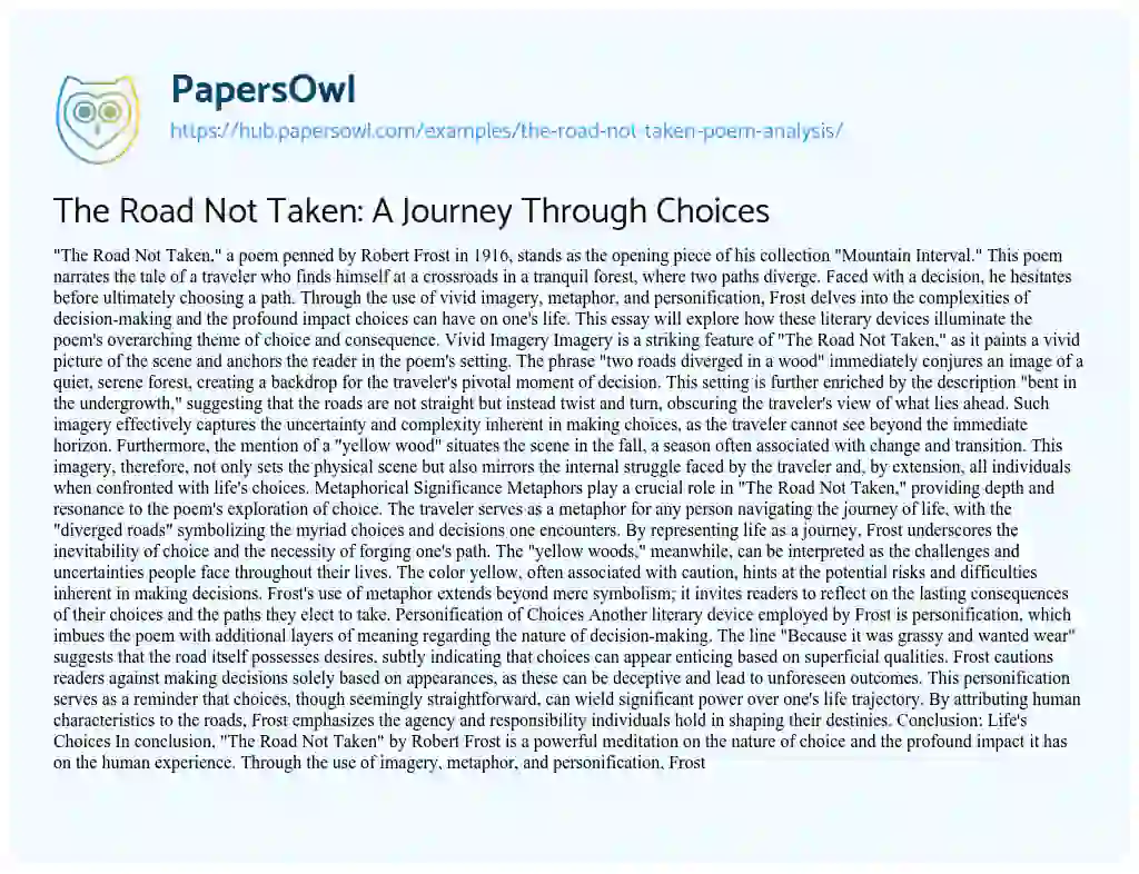 Essay on The Road Not Taken: A Journey Through Choices