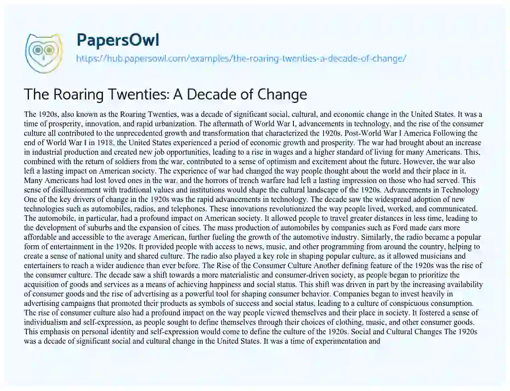 Essay on The Roaring Twenties: A Decade of Change