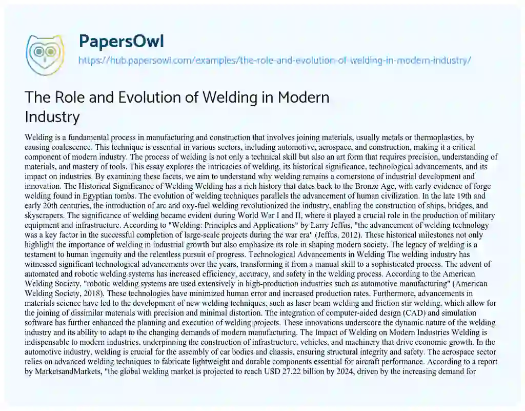 Essay on The Role and Evolution of Welding in Modern Industry