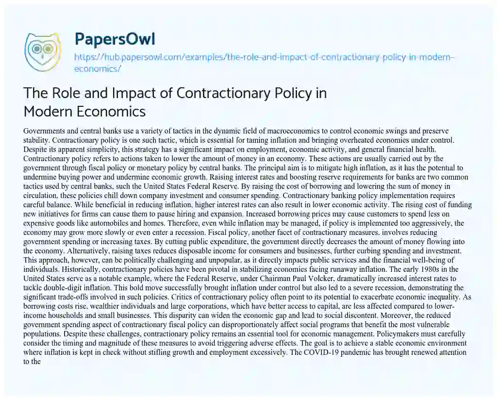 Essay on The Role and Impact of Contractionary Policy in Modern Economics