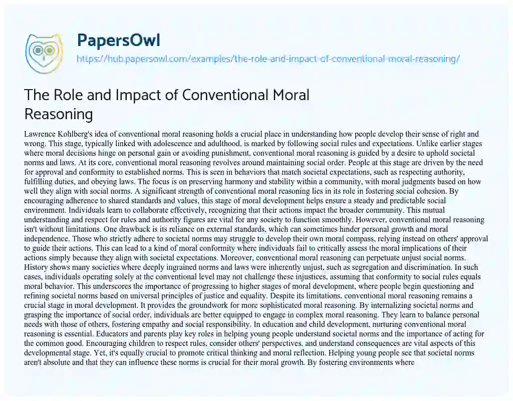 Essay on The Role and Impact of Conventional Moral Reasoning