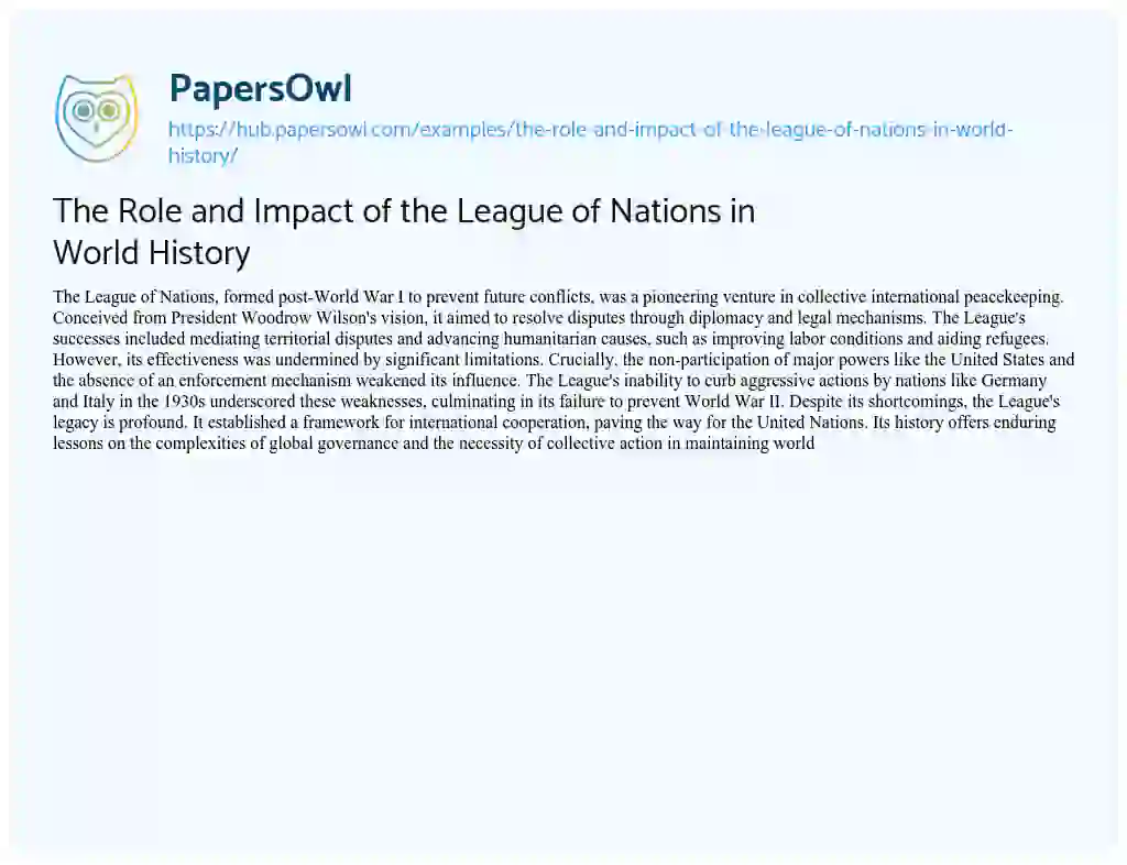 Essay on The Role and Impact of the League of Nations in World History