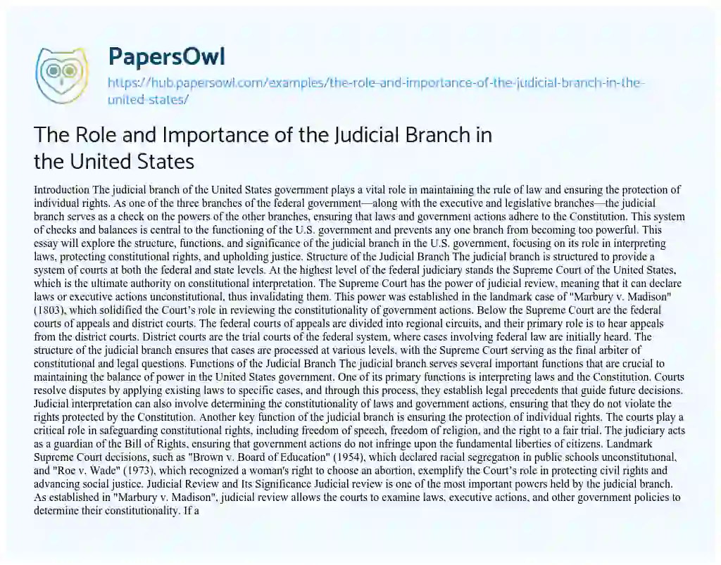Essay on The Role and Importance of the Judicial Branch in the United States