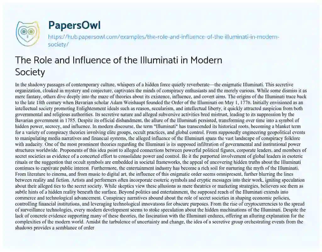 Essay on The Role and Influence of the Illuminati in Modern Society