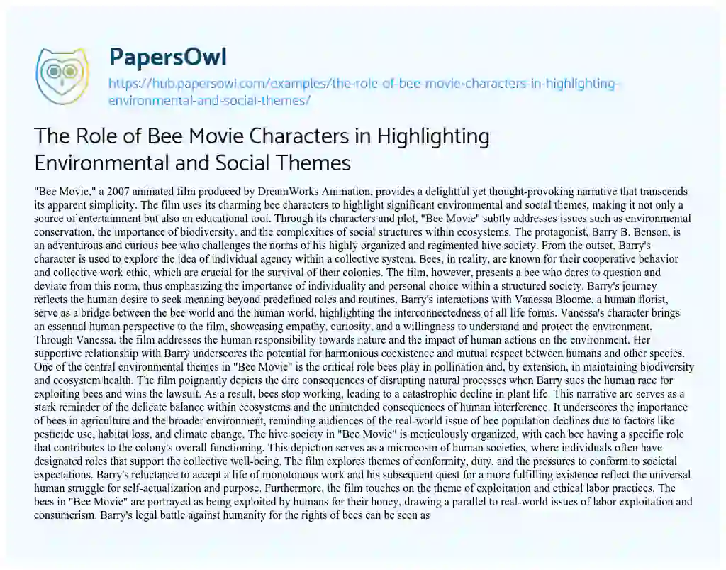 Essay on The Role of Bee Movie Characters in Highlighting Environmental and Social Themes