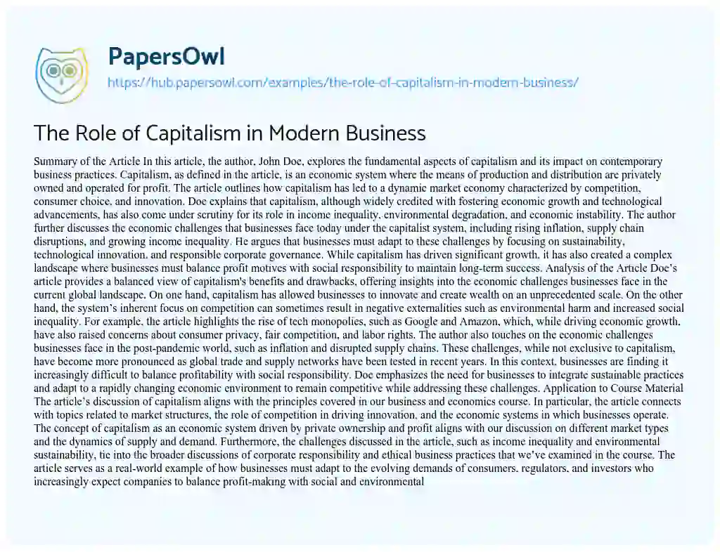 Essay on The Role of Capitalism in Modern Business