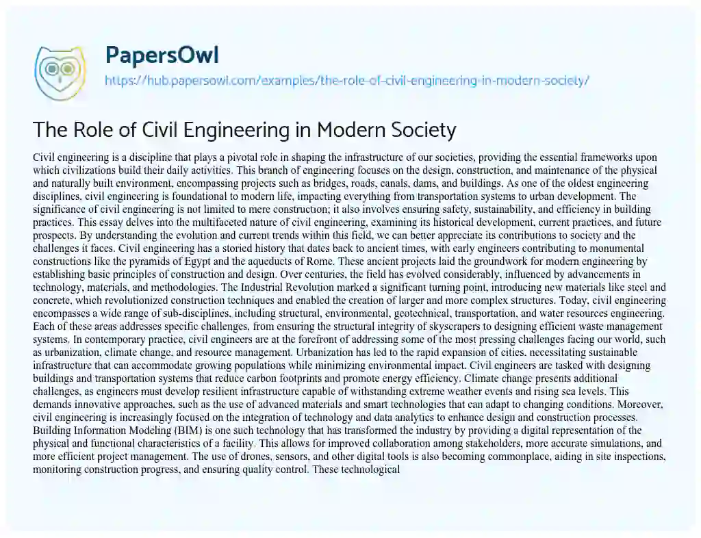 Essay on The Role of Civil Engineering in Modern Society