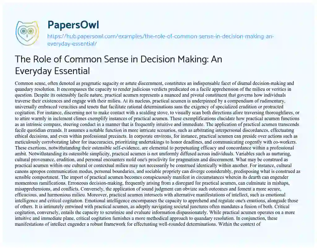 Essay on The Role of Common Sense in Decision Making: An Everyday Essential