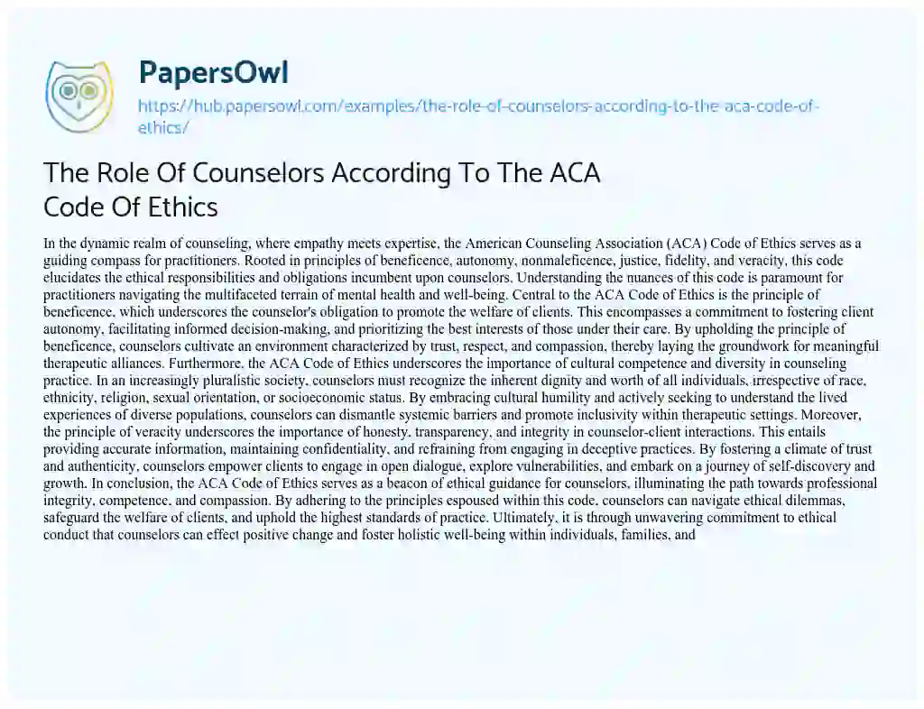 Essay on The Role Of Counselors According To The ACA Code Of Ethics