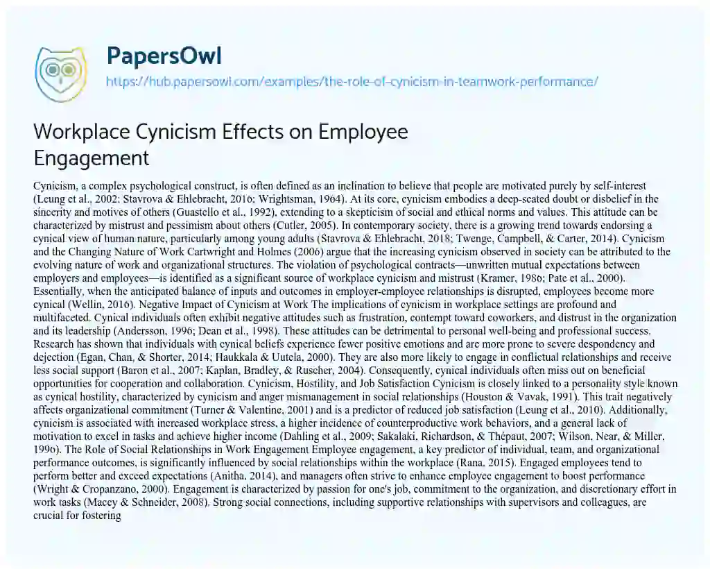 Essay on Workplace Cynicism Effects on Employee Engagement