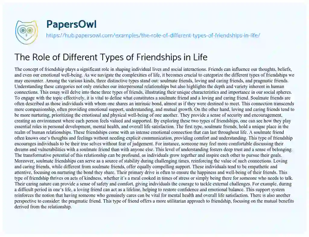 Essay on The Role of Different Types of Friendships in Life