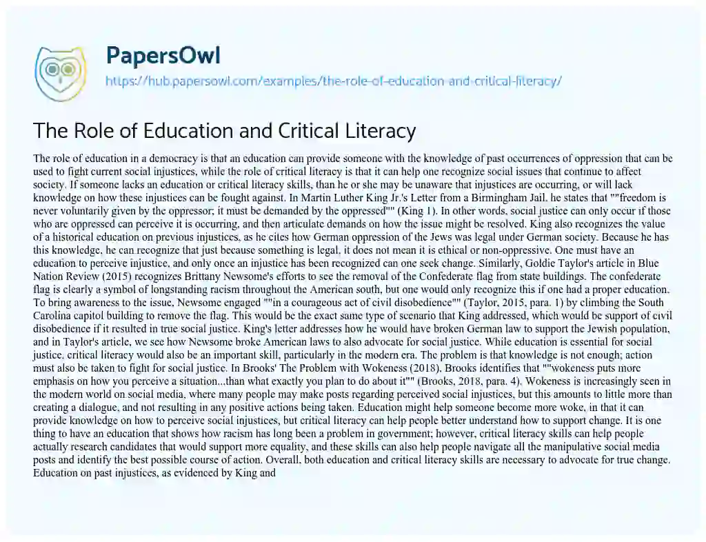 Essay on The Role of Education and Critical Literacy