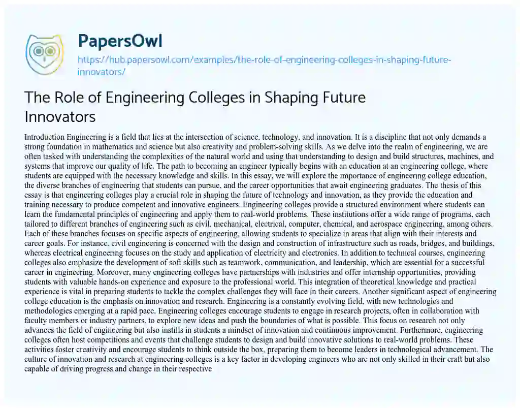Essay on The Role of Engineering Colleges in Shaping Future Innovators