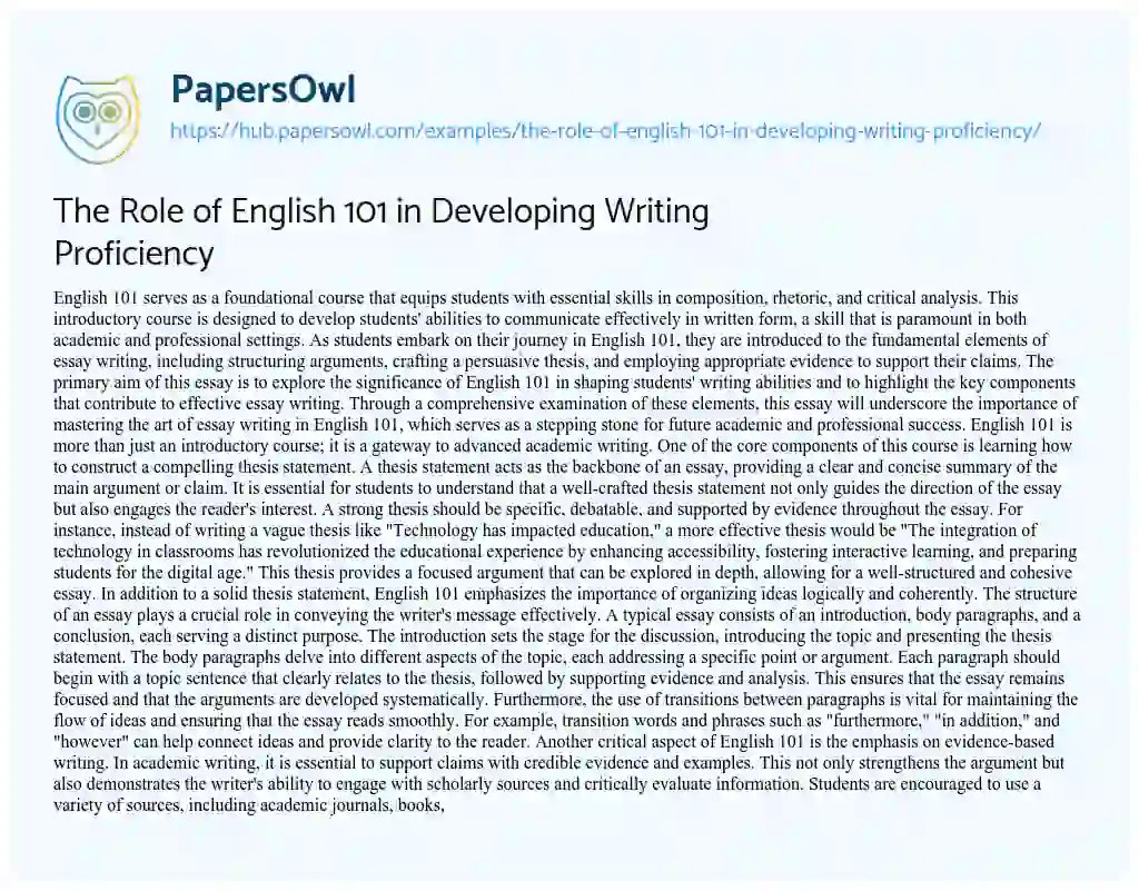 Essay on The Role of English 101 in Developing Writing Proficiency