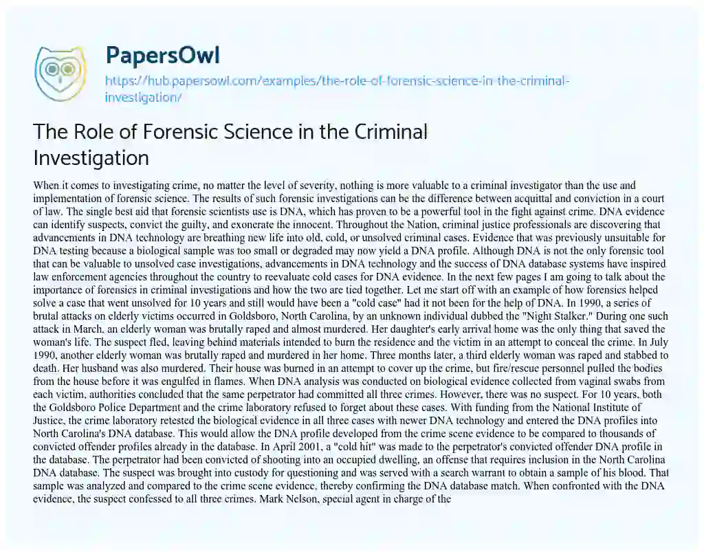 Essay on The Role of Forensic Science in the Criminal Investigation