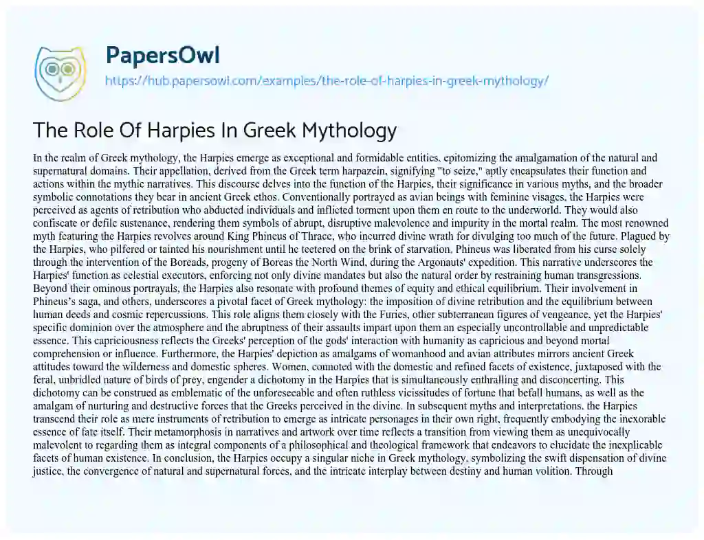 Essay on The Role Of Harpies In Greek Mythology