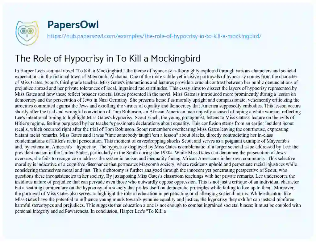 Essay on The Role of Hypocrisy in To Kill a Mockingbird