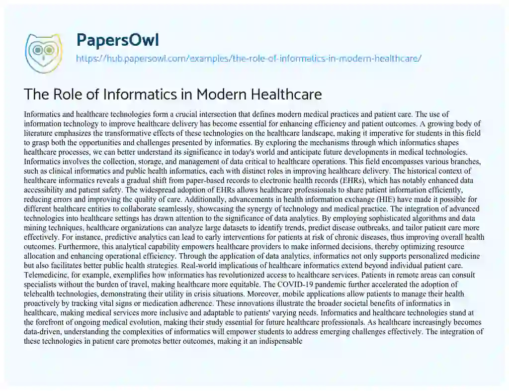 Essay on The Role of Informatics in Modern Healthcare