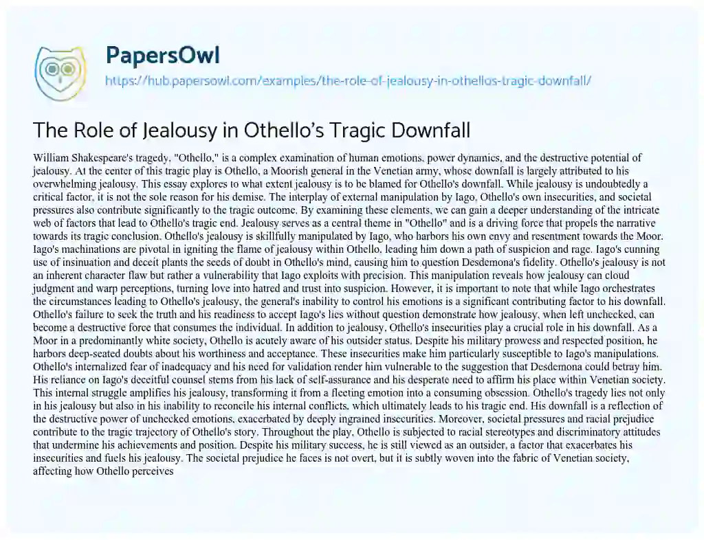 Essay on The Role of Jealousy in Othello’s Tragic Downfall