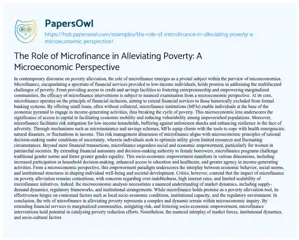 Essay on The Role of Microfinance in Alleviating Poverty: A Microeconomic Perspective