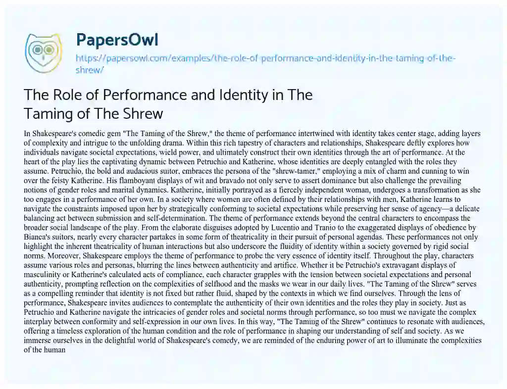 Essay on The Role of Performance and Identity in The Taming of The Shrew