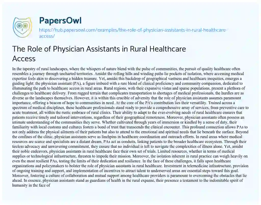 Essay on The Role of Physician Assistants in Rural Healthcare Access