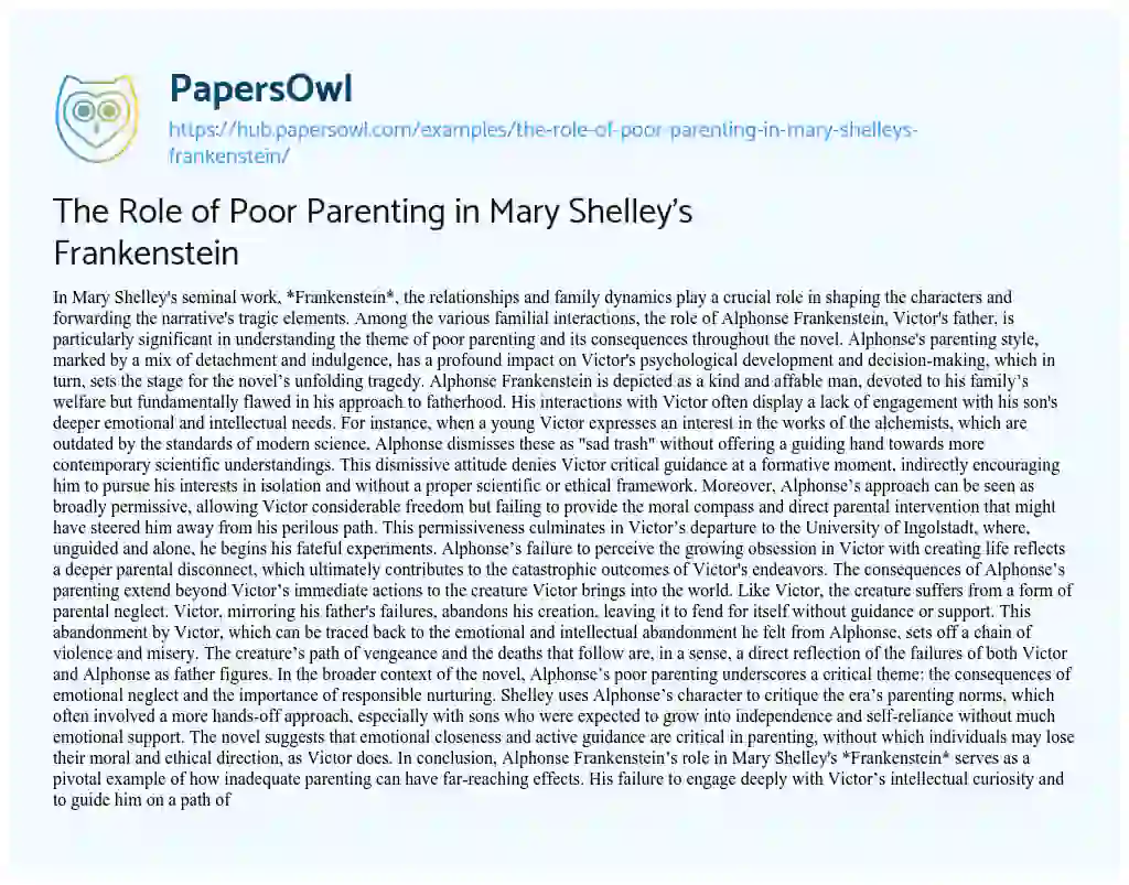 Essay on The Role of Poor Parenting in Mary Shelley’s Frankenstein