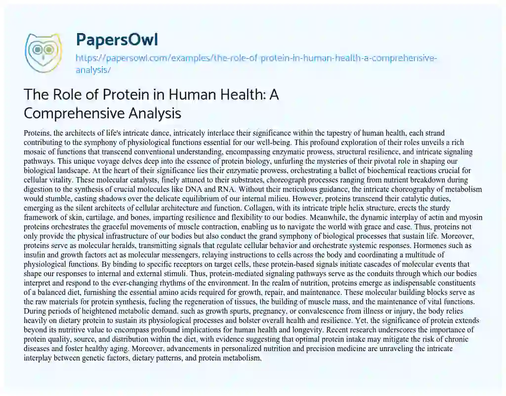 Essay on The Role of Protein in Human Health: A Comprehensive Analysis