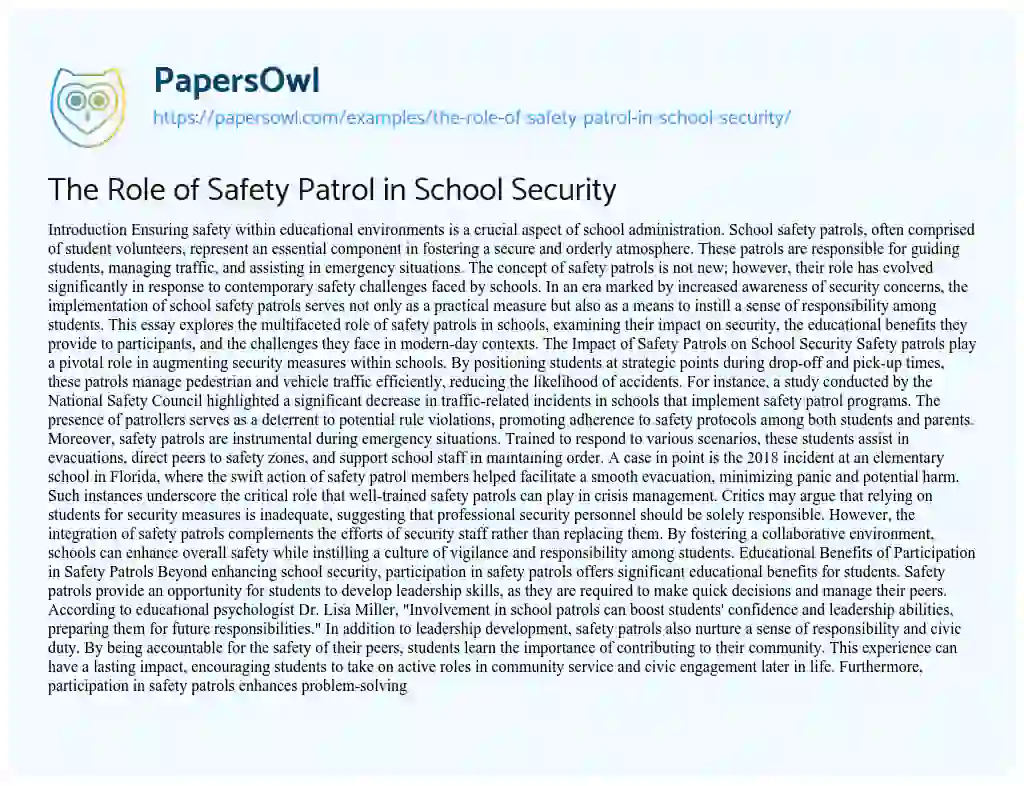 Essay on The Role of Safety Patrol in School Security