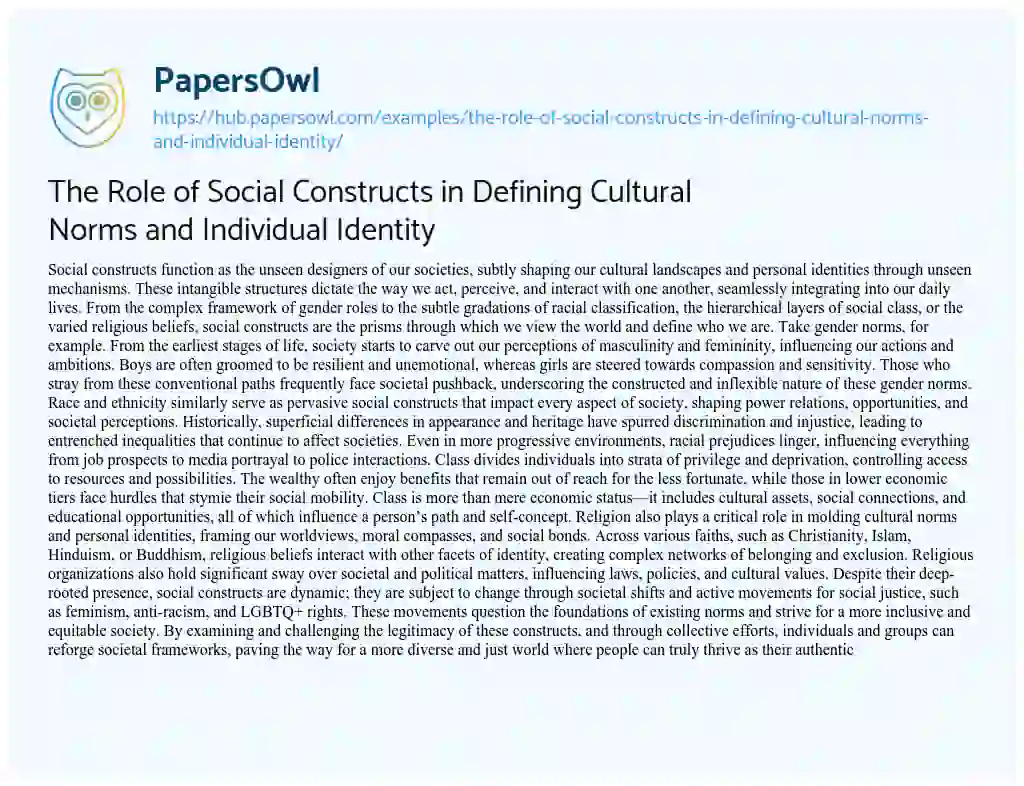 Essay on The Role of Social Constructs in Defining Cultural Norms and Individual Identity