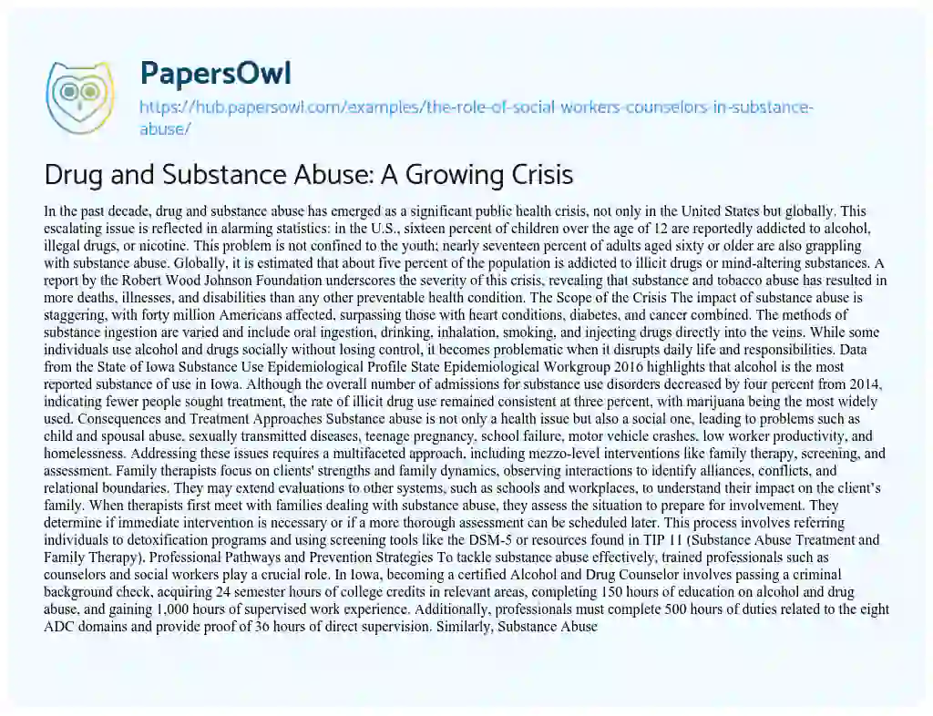 Essay on Drug and Substance Abuse: A Growing Crisis