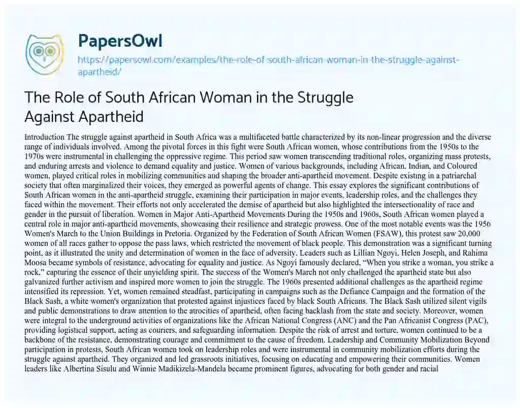 Essay on The Role of South African Woman in the Struggle Against Apartheid