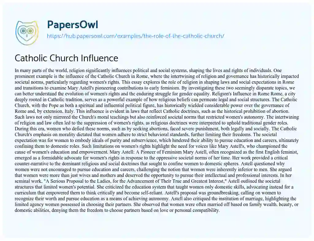 Essay on Catholic Church Influence