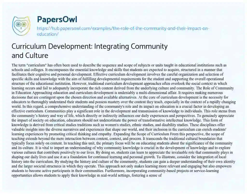 Essay on Curriculum Development: Integrating Community and Culture