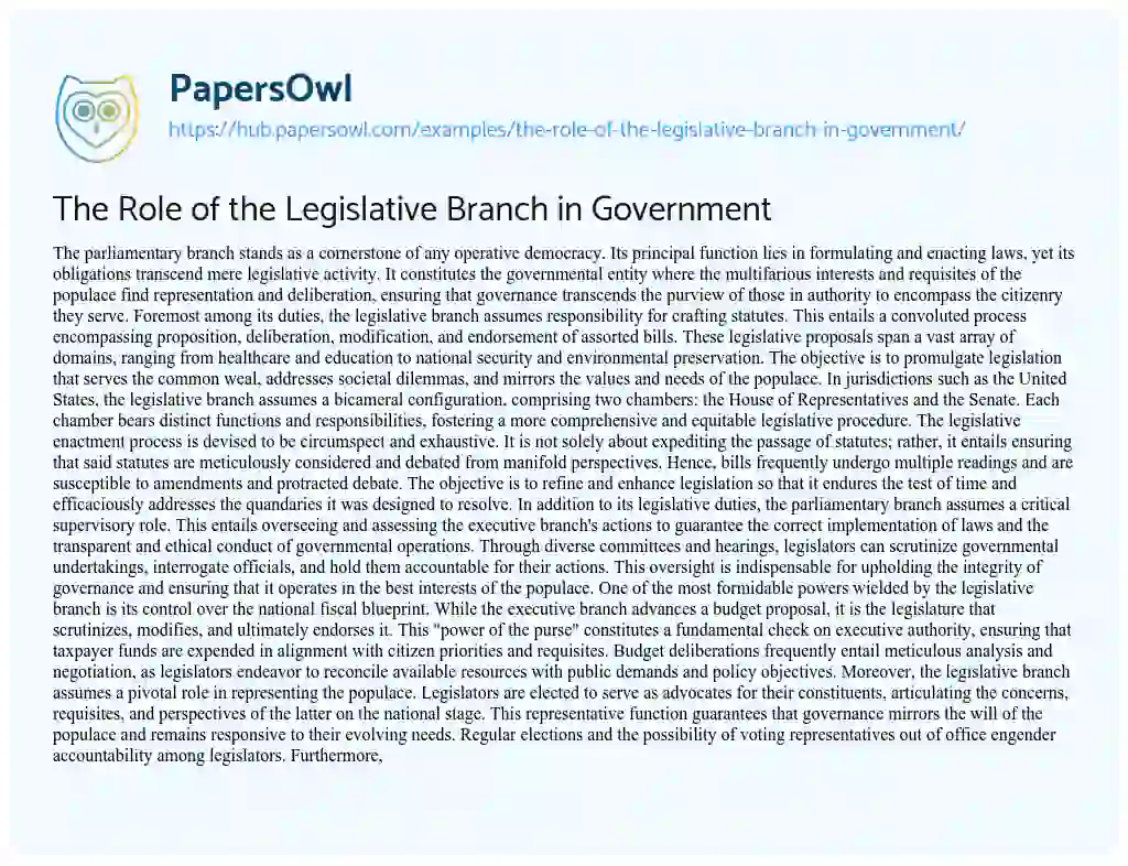 Essay on The Role of the Legislative Branch in Government