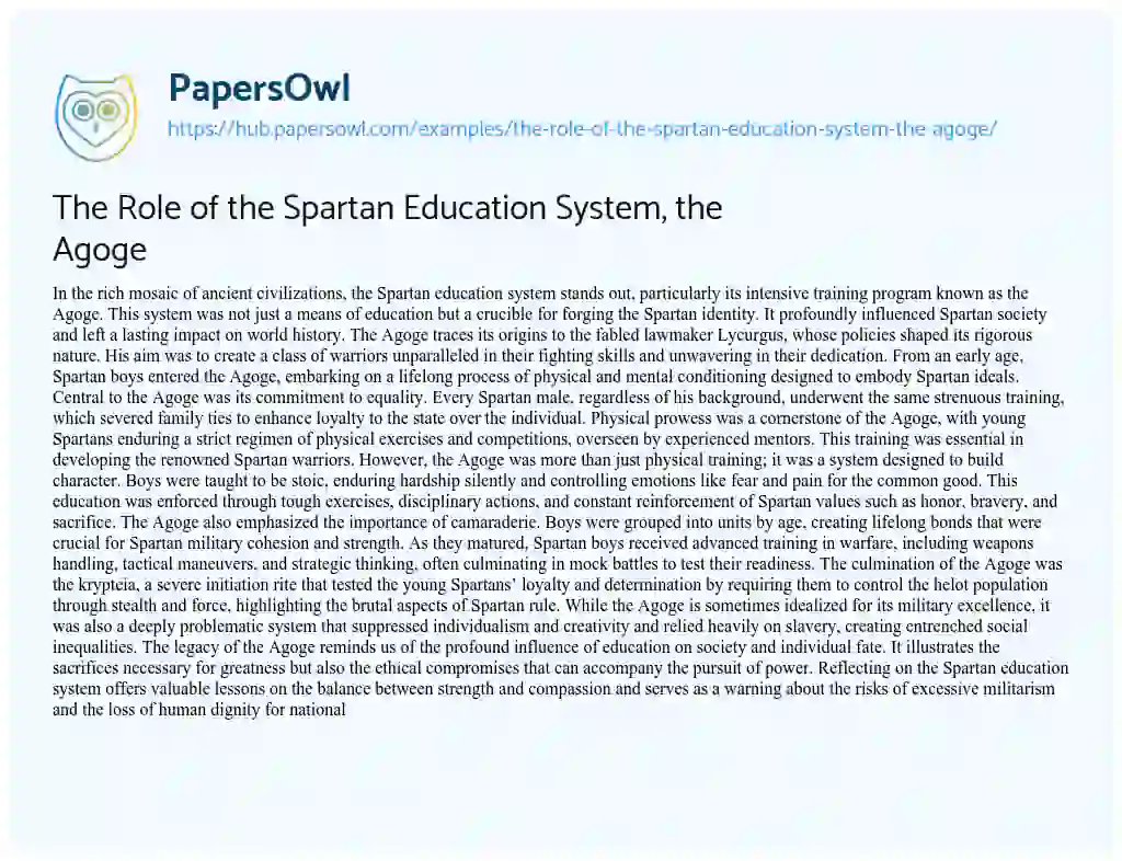 Essay on The Role of the Spartan Education System, the Agoge