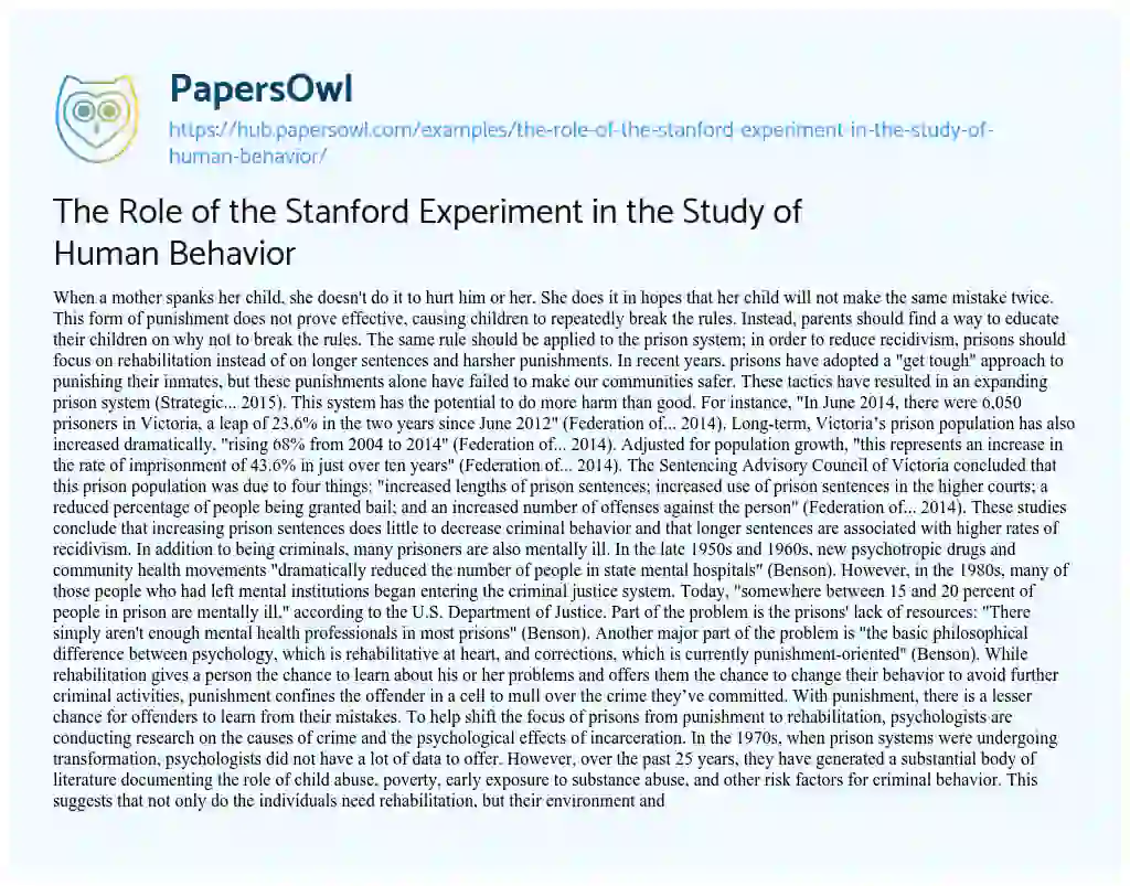 Essay on The Role of the Stanford Experiment in the Study of Human Behavior
