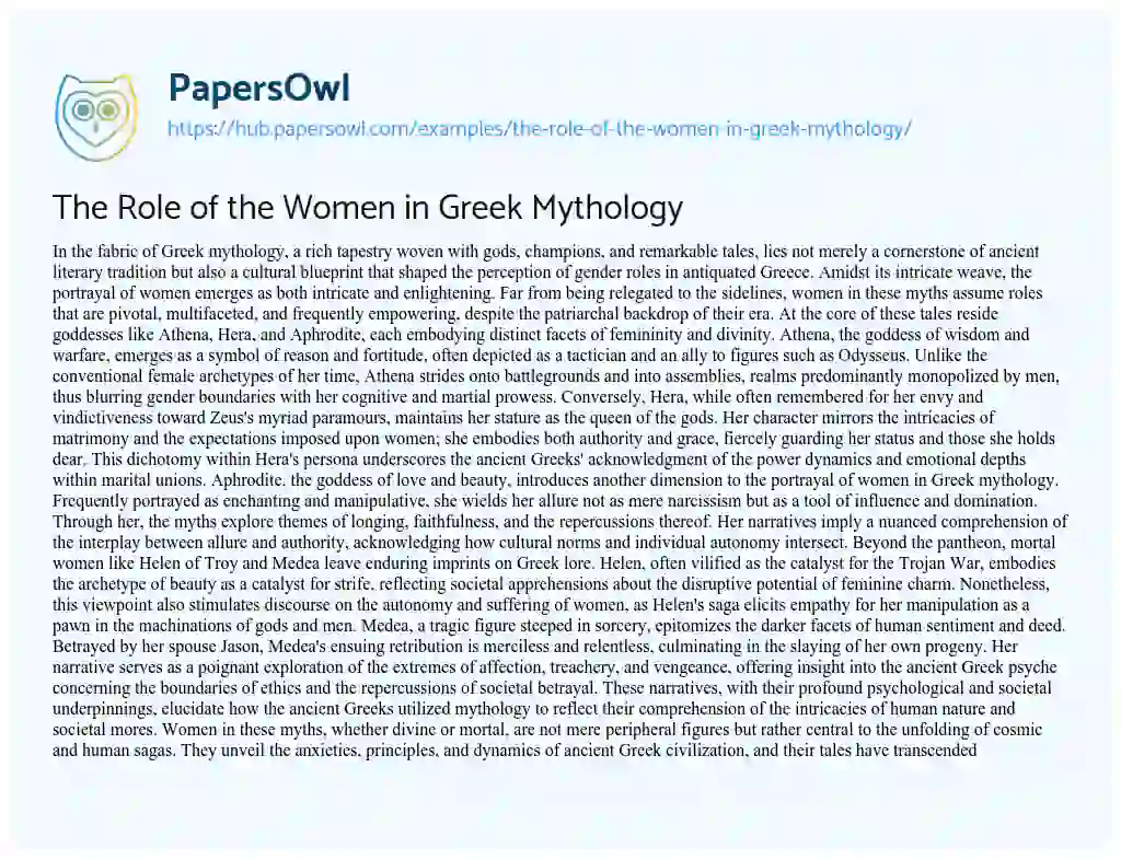 Essay on The Role of the Women in Greek Mythology