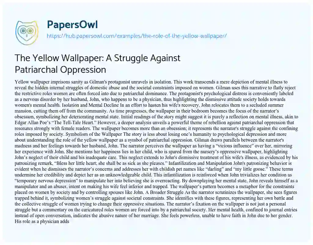 Essay on The Yellow Wallpaper: A Struggle Against Patriarchal Oppression