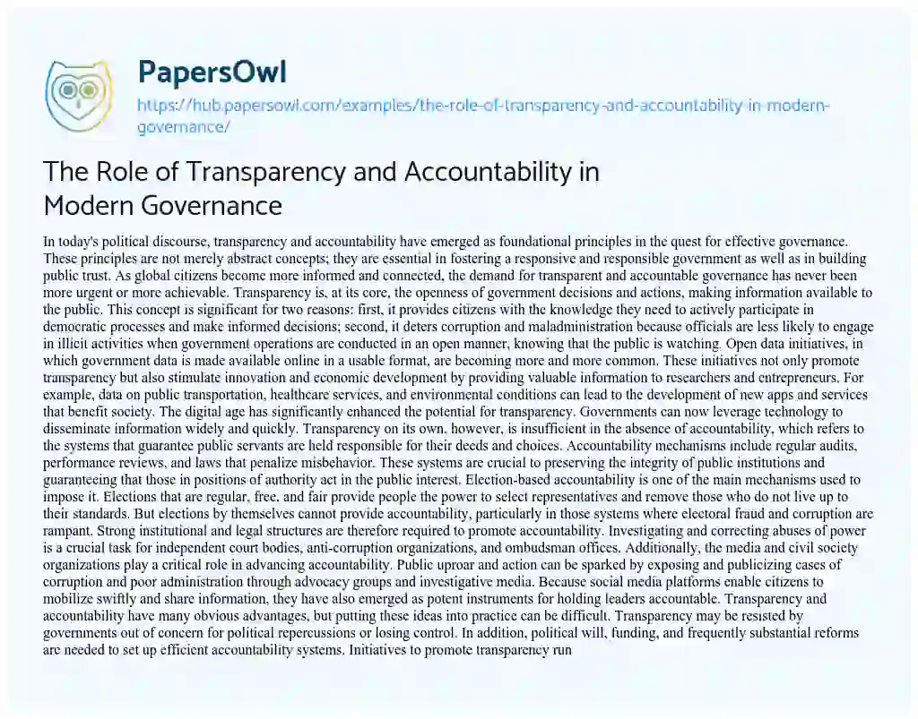 Essay on The Role of Transparency and Accountability in Modern Governance